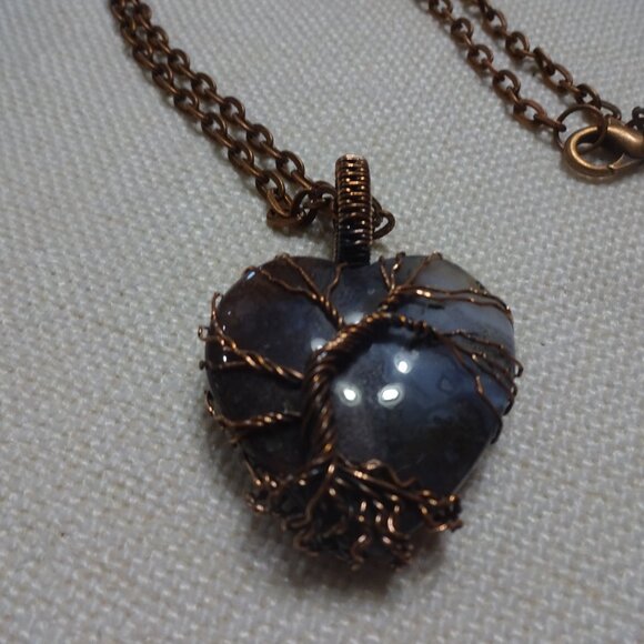 Rustic PLUM JASPER HEART Handmade COPPER WIRE-WRAPPED Pendant/Chain #887B - Picture 1 of 3